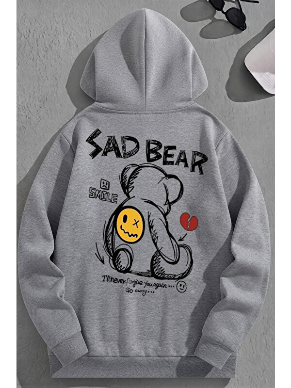 Trendseninle Unisex 3 İplik Pamuklu Gri SadBear Baskı Bol Kalıp Sweatshirt Hoodie