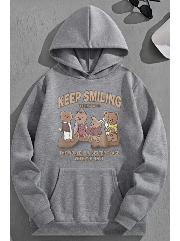 Trendseninle Unisex 3 İplik Pamuklu Gri KeepSmiling Baskı Bol Kalıp Sweatshirt Hoodie