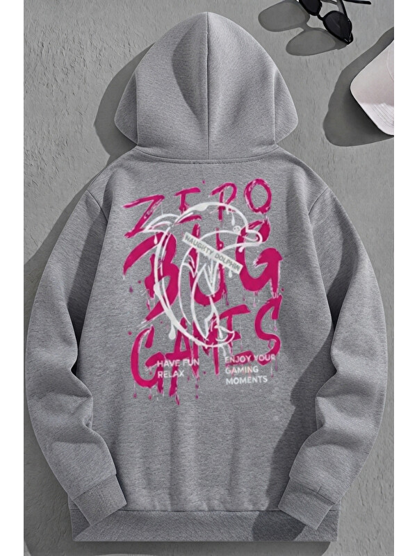 Trendseninle Unisex 3 İplik Pamuklu Gri Games Bol Kalıp Sweatshirt Hoodie
