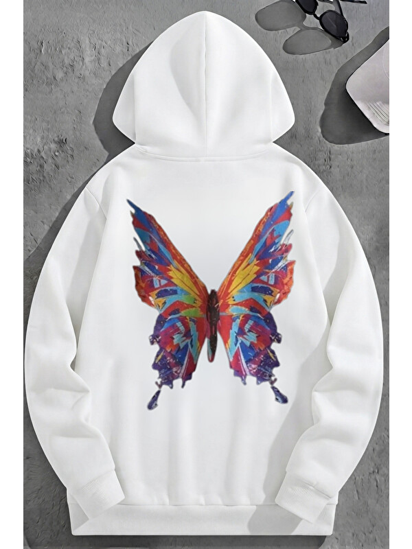 Trendseninle Unisex 3 İplik Pamuklu Beyaz RenkliKelebek Baskı Bol Kalıp Sweatshirt Hoodie