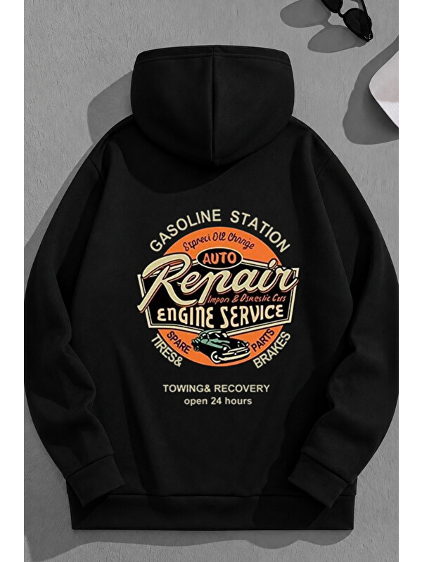 Trendseninle Unisex 3 İplik Pamuklu Siyah RepairES Baskı Bol Kalıp Sweatshirt Hoodie