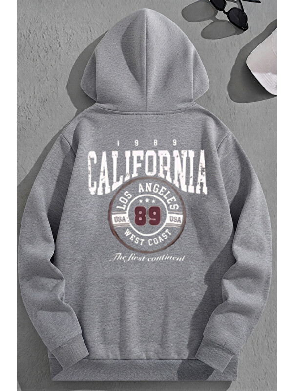 Trendseninle Unisex 3 İplik Pamuklu Gri Calif89 Bol Kalıp Sweatshirt Hoodie