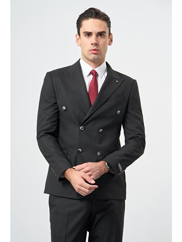 İMZA Siyah Bez Ayağı Kılıç Yaka Tam Astar Esnek 6 Drop Slim Fit Classic Takım Elbise 1001245173
