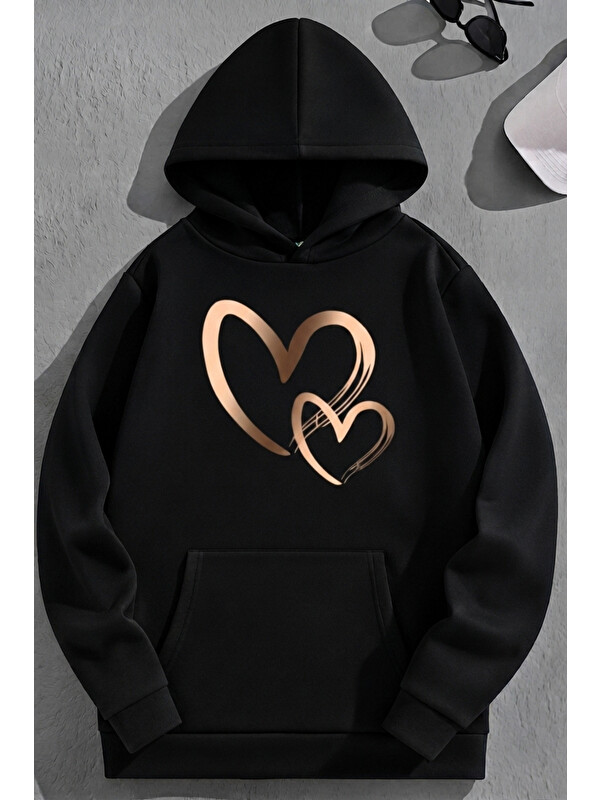 Trendseninle Unisex 3 İplik Pamuklu Siyah GoldHeart Bol Kalıp Sweatshirt Hoodie