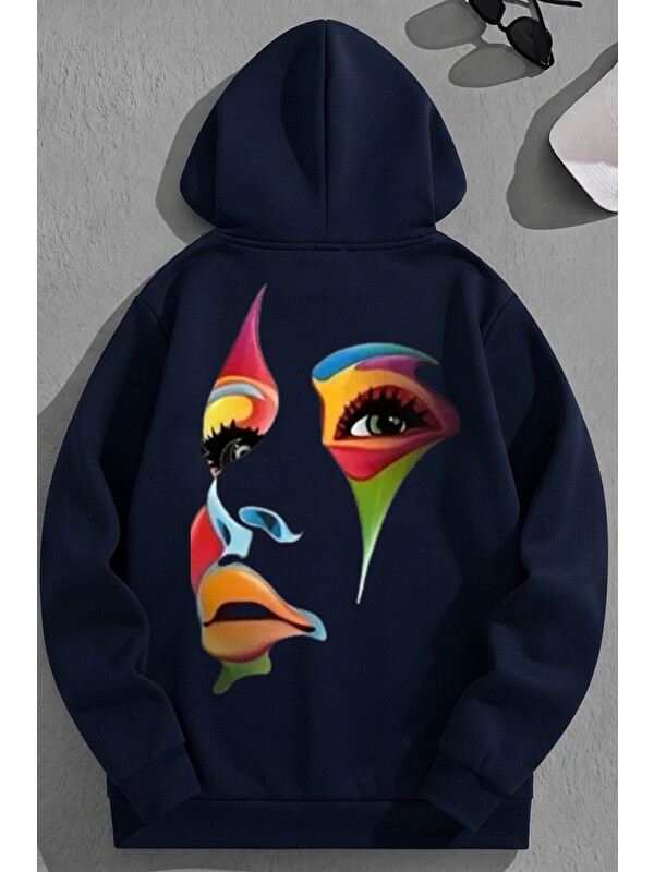 Trendseninle Unisex 3 İplik Pamuklu Lacivert RenkliYüz Baskı Bol Kalıp Sweatshirt Hoodie
