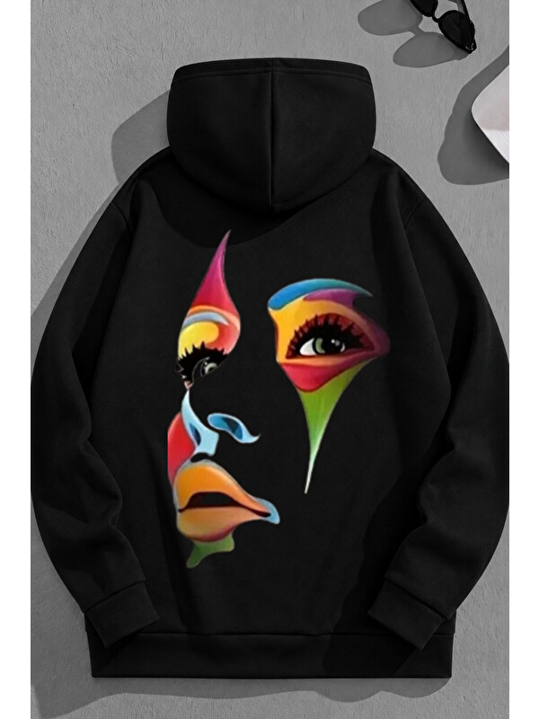 Trendseninle Unisex 3 İplik Pamuklu Siyah RenkliYüz Baskı Bol Kalıp Sweatshirt Hoodie