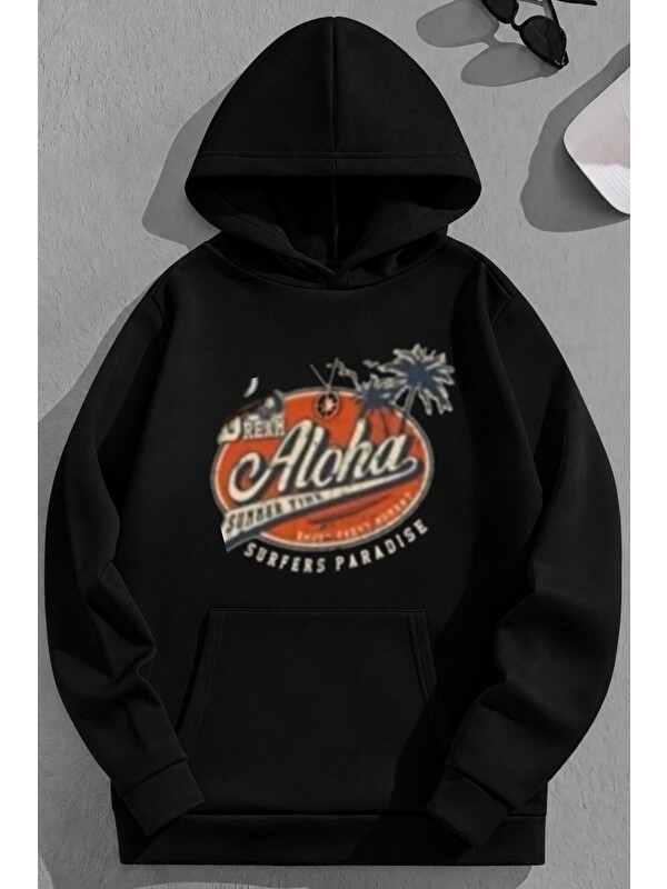 Trendseninle Unisex 3 İplik Pamuklu Siyah Aloha Bol Kalıp Sweatshirt Hoodie