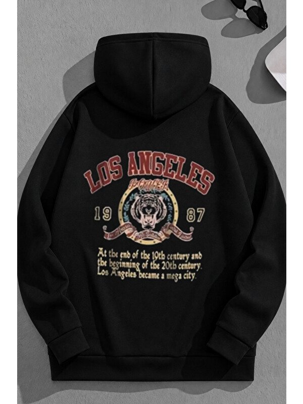 Trendseninle Unisex 3 İplik Pamuklu Siyah LosAngeles1987 Baskı Bol Kalıp Sweatshirt Hoodie