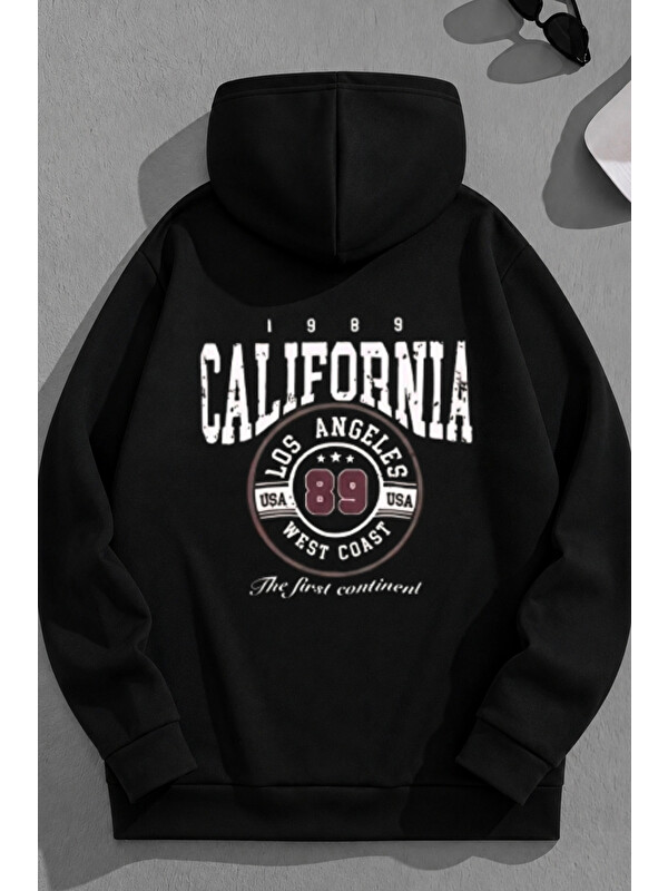 Trendseninle Unisex 3 İplik Pamuklu Siyah Calif89 Bol Kalıp Sweatshirt Hoodie
