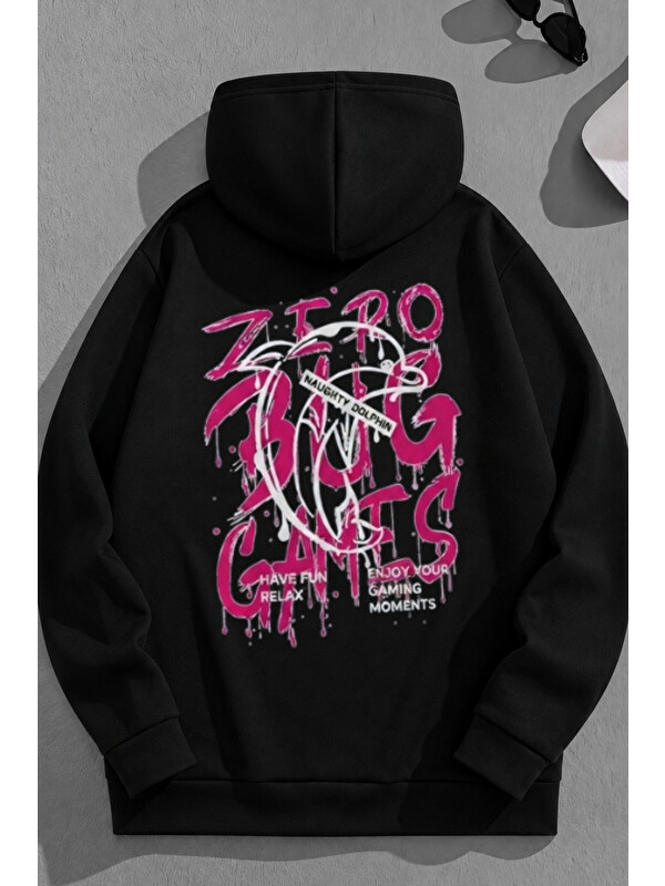 Trendseninle Unisex 3 İplik Pamuklu Siyah Games Bol Kalıp Sweatshirt Hoodie