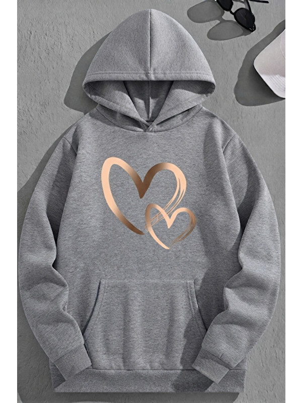 Trendseninle Unisex 3 İplik Pamuklu Gri GoldHeart Bol Kalıp Sweatshirt Hoodie