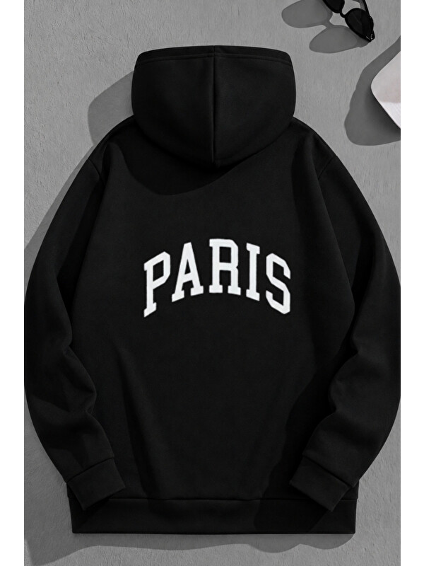 Trendseninle Unisex 3 İplik Pamuklu Siyah Bol Kalıp Kavis PARİS Baskı Sweatshirt Hoodie