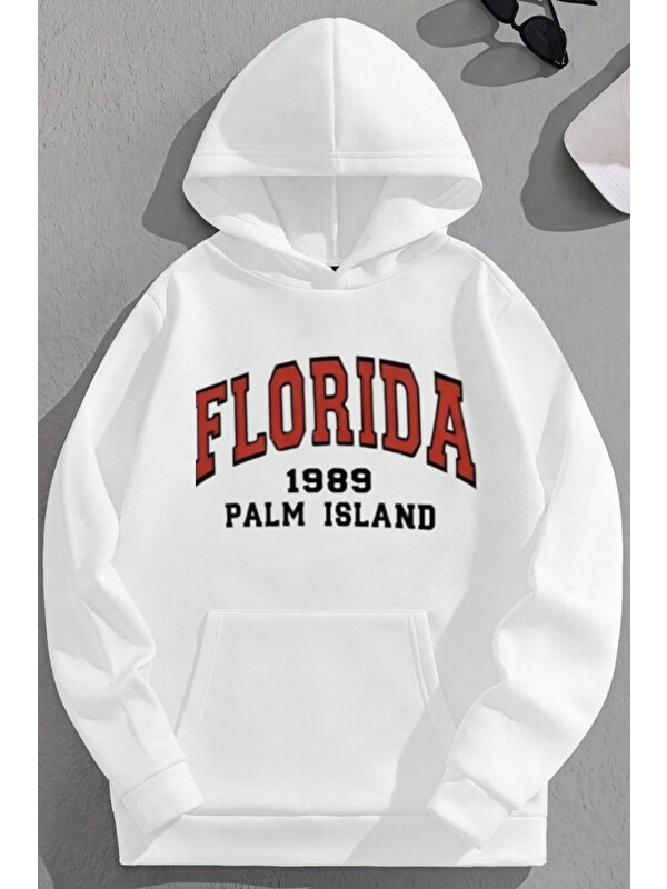 Trendseninle Unisex 3 İplik Pamuklu Beyaz Florida1989Özel Baskı Bol Kalıp Sweatshirt Hoodie