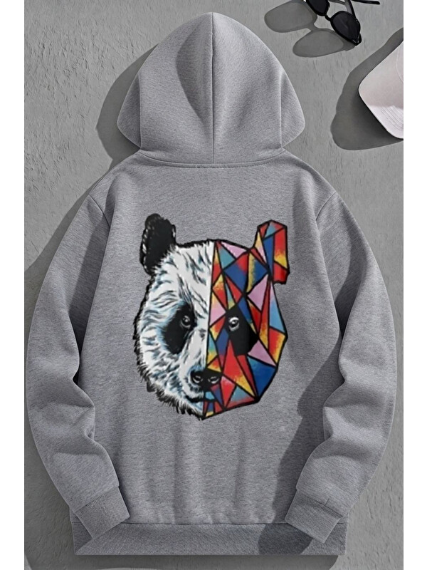 Trendseninle Unisex 3 İplik Pamuklu Gri Bol Kalıp Colorful Bear Baskı Sweatshirt Hoodie