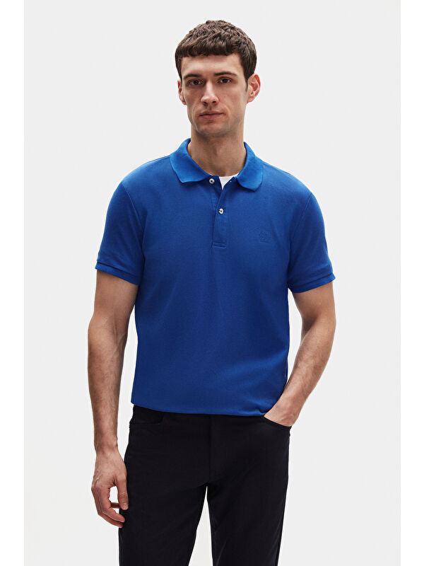 D'S damat Regular Fit Saks Mavi %100 Pamuklu Kıvrılmaz Polo Yaka Nakışlı Tişört