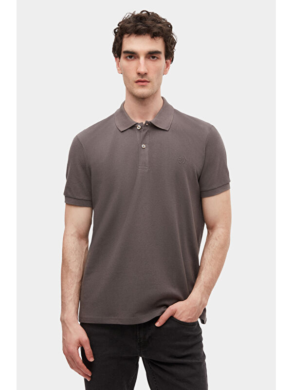 D'S damat Regular Fit Antrasit %100 Pamuklu Kıvrılmaz Polo Yaka Nakışlı Tişört
