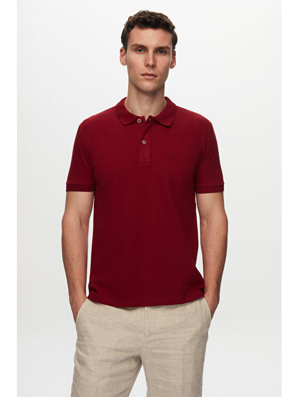 D'S damat Regular Fit Bordo %100 Pamuklu Kıvrılmaz Polo Yaka Nakışlı Tişört