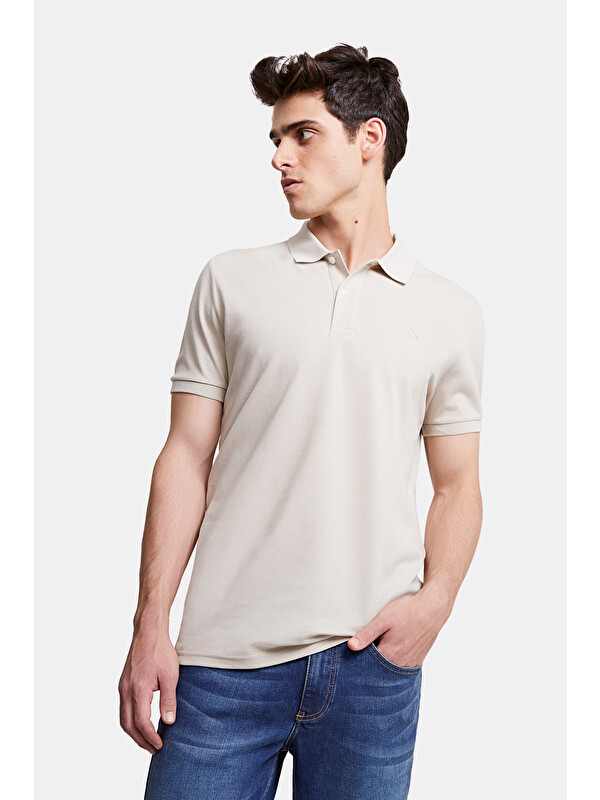 D'S damat Regular Fit Taş %100 Pamuklu Uzun Ömürlü Kıvrılmaz Polo Yaka Nakışlı Tişört