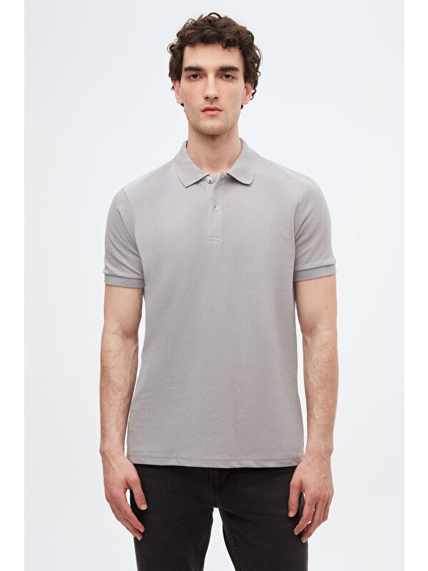 D'S damat Regular Fit Gri %100 Pamuklu Kıvrılmaz Polo Yaka Nakışlı Tişört