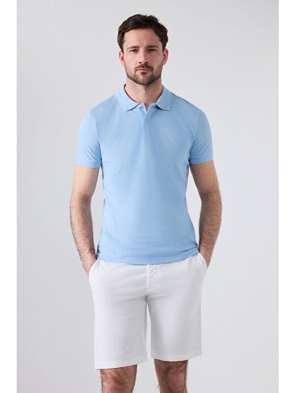 D'S damat Regular Fit Açık Mavi %100 Pamuklu Kıvrılmaz Polo Yaka Nakışlı Tişört