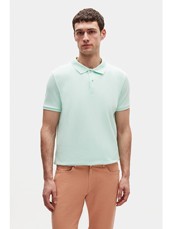 D'S damat Regular Fit Mint %100 Pamuklu Kıvrılmaz Polo Yaka Nakışlı Tişört