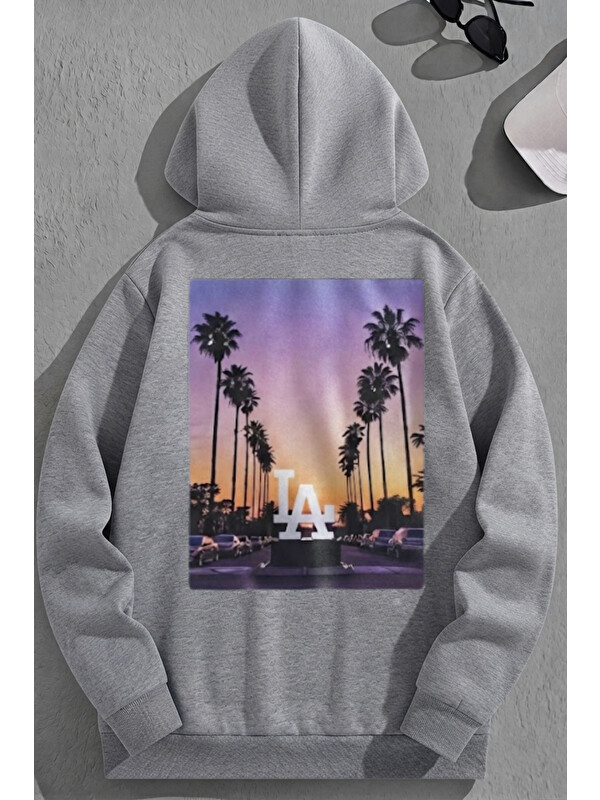 Trendseninle Unisex 3 İplik Pamuklu Gri LATropical Bol Kalıp Sweatshirt Hoodie