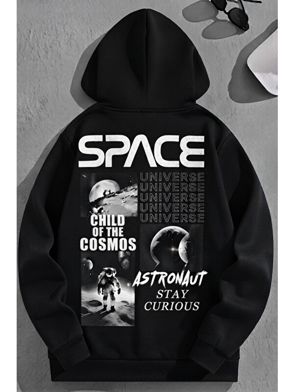 Trendseninle Unisex 3 İplik Pamuklu Siyah Bol Kalıp Space Universe Baskı Sweatshirt Hoodie