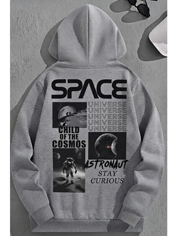 Trendseninle Unisex 3 İplik Pamuklu Gri Bol Kalıp Space Universe Baskı Sweatshirt Hoodie