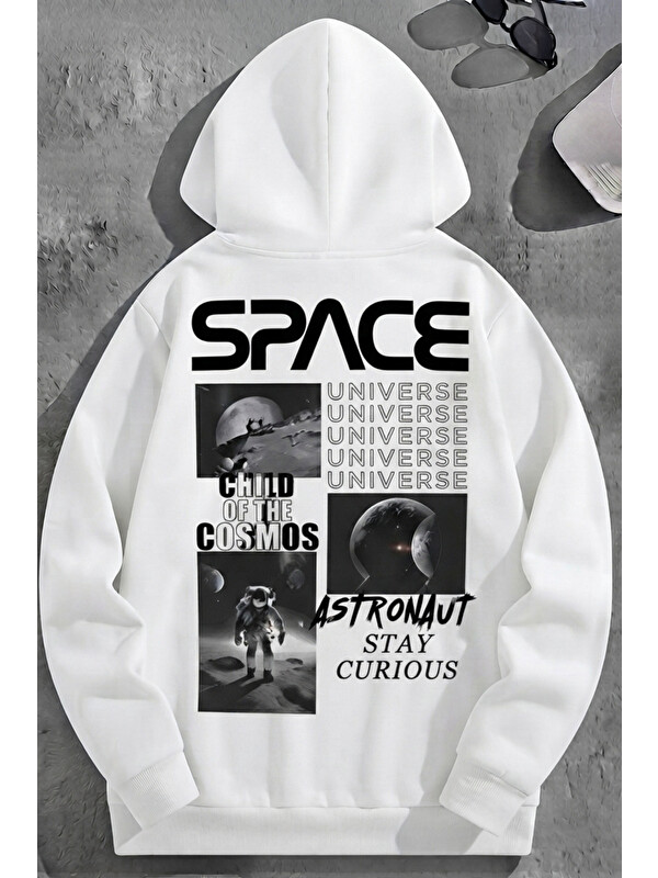 Trendseninle Unisex 3 İplik Pamuklu Beyaz Bol Kalıp Space Universe Baskı Sweatshirt Hoodie