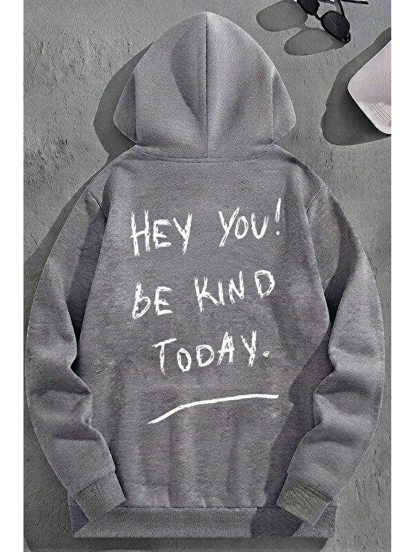 Trendseninle Unisex 3 İplik Pamuklu Gri Bol Kalıp Hey You! Baskı Sweatshirt Hoodie