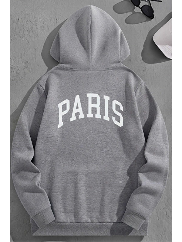 Trendseninle Unisex 3 İplik Pamuklu Gri Bol Kalıp Kavis PARİS Baskı Sweatshirt Hoodie