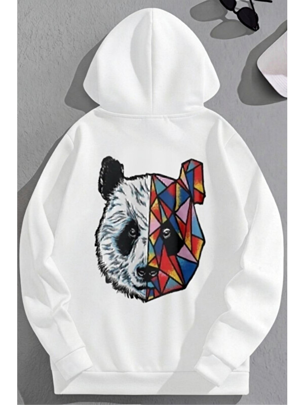 Trendseninle Unisex 3 İplik Pamuklu Beyaz Bol Kalıp Colorful Bear Baskı Sweatshirt Hoodie
