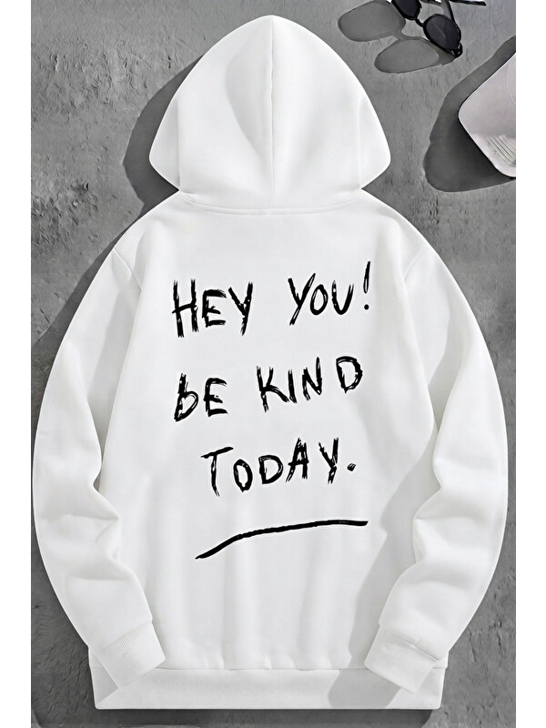 Trendseninle Unisex 3 İplik Pamuklu Beyaz Bol Kalıp Hey You! Baskı Sweatshirt Hoodie
