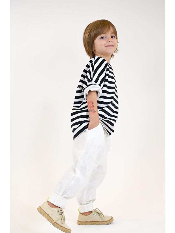 Catz Kids Beyaz Vera Dikişli Carrot Pantolon + Siyah Beyaz Çizgili Penye T-Shirt
