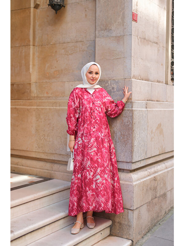 Locco Moda Kadın Batik Desen Elbise Fuşya