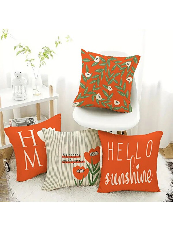 Evmila Bahar Temalı Kadife Kırlent Kılıfı 4'lü Set 43x43 cm Çift Taraf Baskı