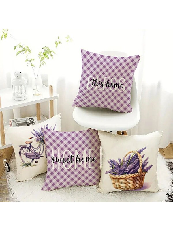 Evmila Bahar Temalı Kadife Kırlent Kılıfı 4'lü Set 43x43 cm Çift Taraf Baskı