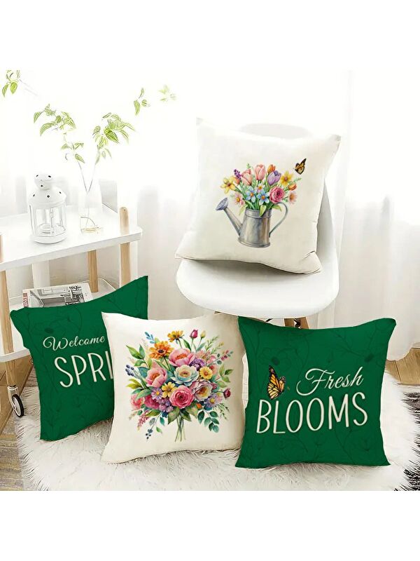 Evmila Bahar Temalı Kadife Kırlent Kılıfı 4'lü Set 43x43 cm Çift Taraf Baskı