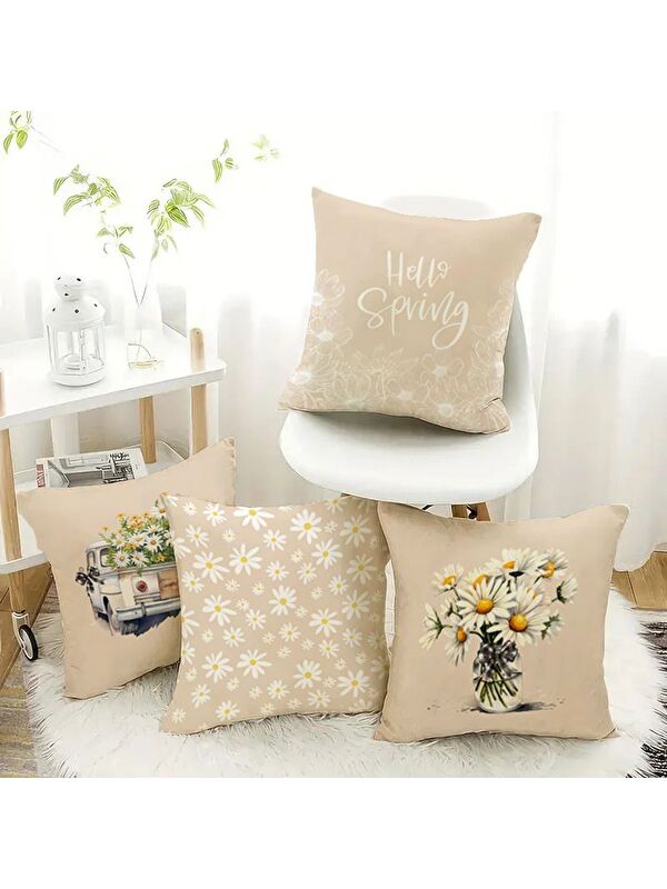 Evmila Bahar Temalı Kadife Kırlent Kılıfı 4'lü Set 43x43 cm Çift Taraf Baskı