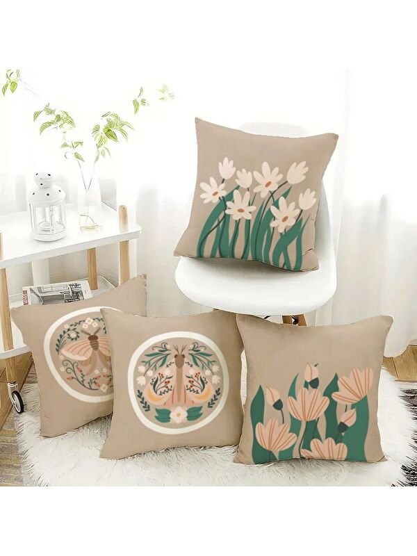 Evmila Bahar Temalı Kadife Kırlent Kılıfı 4'lü Set 43x43 cm Çift Taraf Baskı
