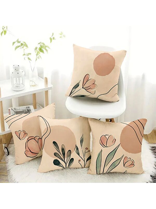 Evmila Bahar Temalı Kadife Kırlent Kılıfı 4'lü Set 43x43 cm Çift Taraf Baskı