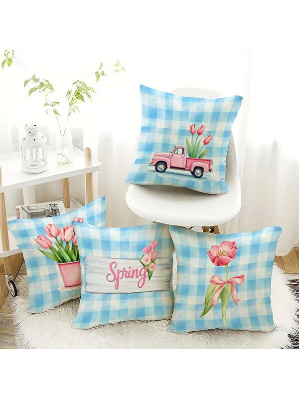 Evmila Bahar Temalı Kadife Kırlent Kılıfı 4'lü Set 43x43 cm Çift Taraf Baskı