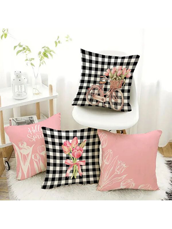 Evmila Bahar Temalı Kadife Kırlent Kılıfı 4'lü Set 43x43 cm Çift Taraf Baskı