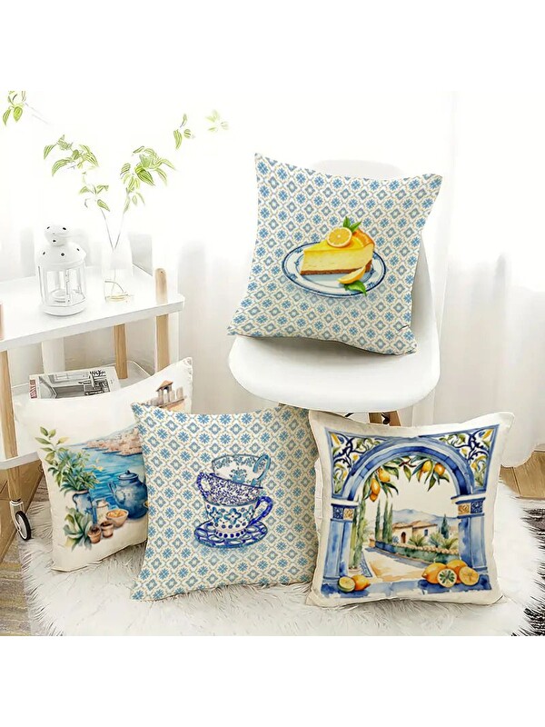 Evmila Bahar Temalı Kadife Kırlent Kılıfı 4'lü Set 43x43 cm Çift Taraf Baskı