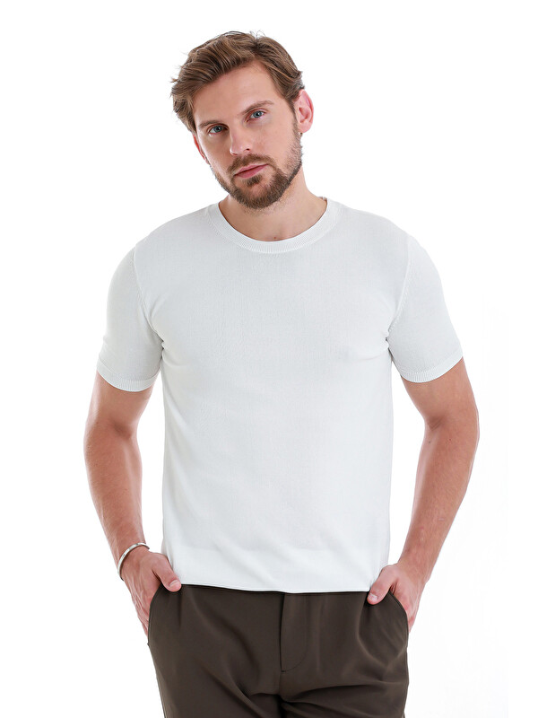 Hatemoğlu Beyaz Regular Fit Düz Bisiklet Yaka Rayon Triko Tişört