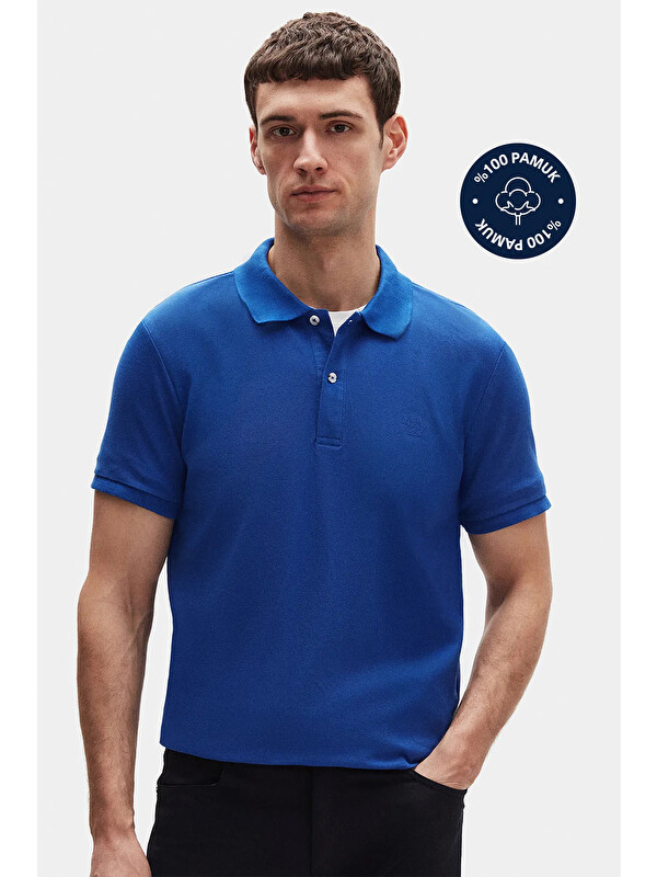D'S damat Slim Fit Saks Mavi Kutulu Polo Yaka Tişört