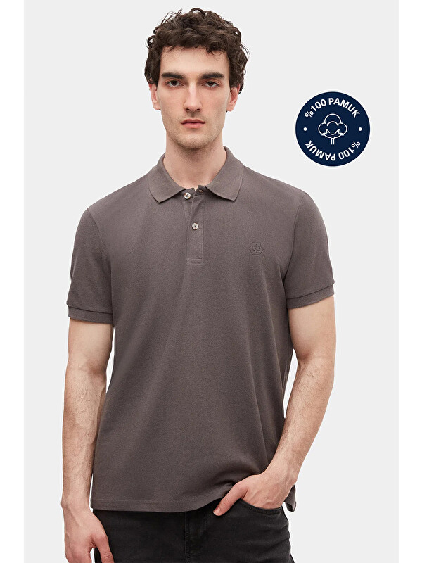 D'S damat Slim Fit Antrasit Kutulu Polo Yaka Tişört