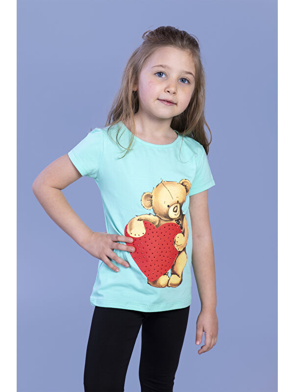 Toontoykids Kız Çocuk Kalpli Ayıcık Baskılı Taş İşlemeli Tişört