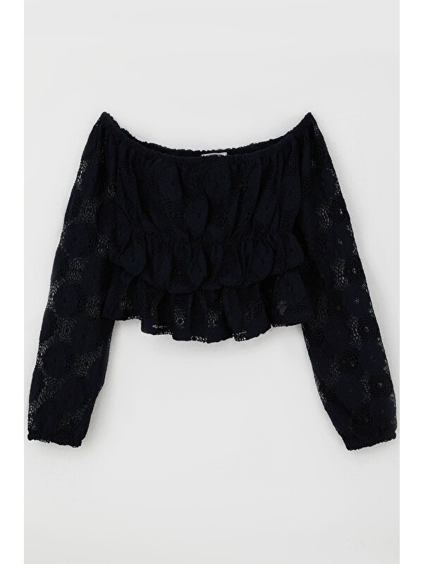 Breeze Kız Çocuk Uzun Kollu Dantelli Crop Bluz Çiçek Motifli Lacivert (9-14 Yaş)