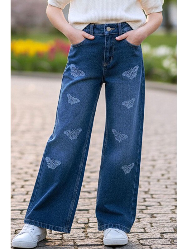 Breeze Kız Çocuk Jean Pantolon Kelebek Nakışlı Mavi (5 Yaş)